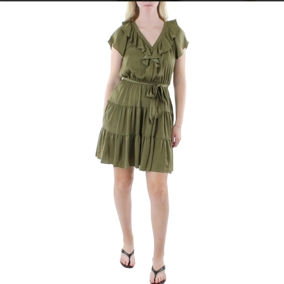 Ralph Lauren Black Label Dresses & Skirts - 💚HP💚NWT Lauren Ralph Lauren Satin Belted Mini Dress Tiered Ruffle Hem Olive
